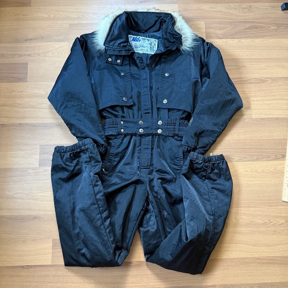 Women's Vintage 90's Nils Black Belted Faux Fur Winter Snowsuit Ski Suit Sz 12